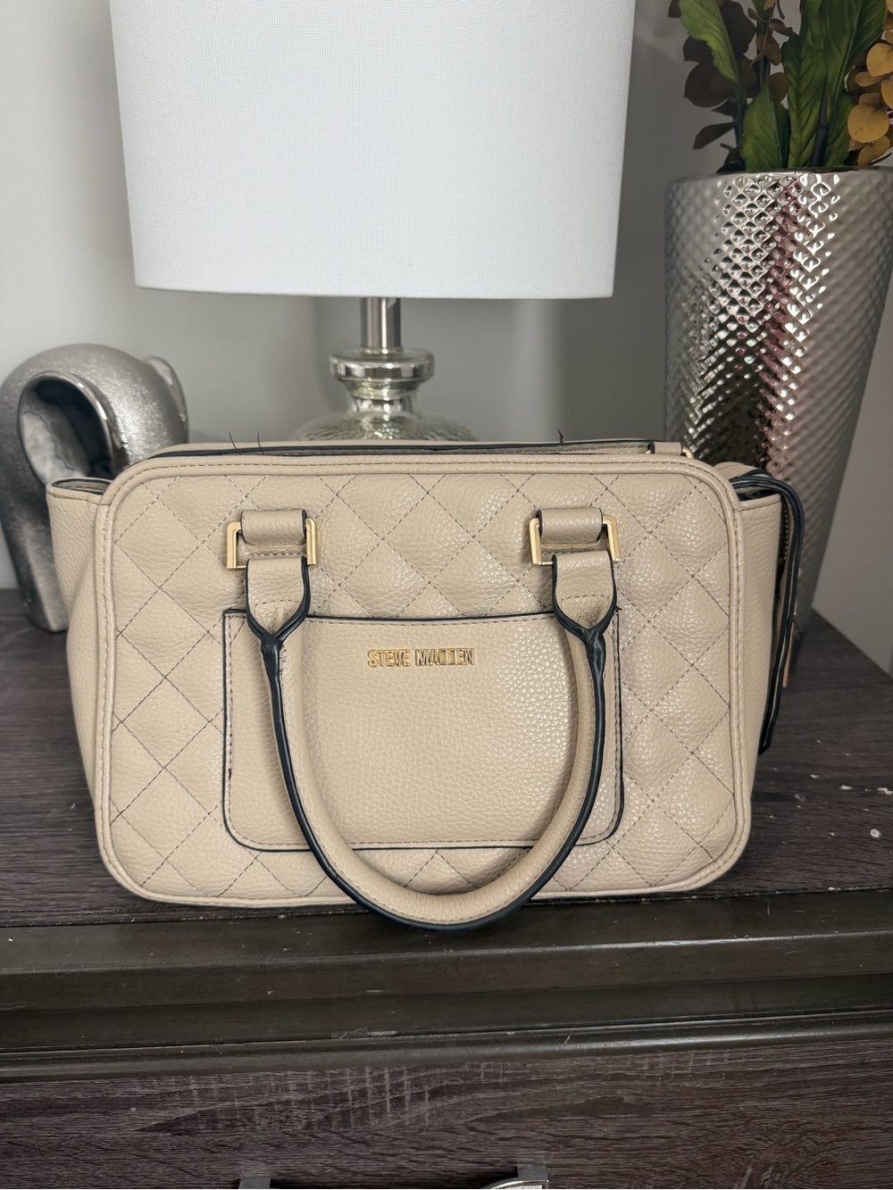 Steve Madden Quilted Beige Satchel with Black Trim